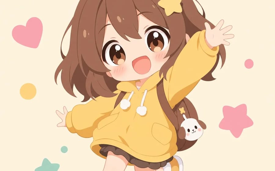 Chibi anime girl in a yellow hoodie waving, generated as a square image