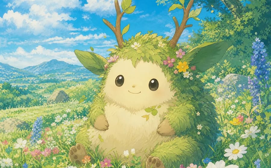 Round, fluffy forest creature with branch antlers and leaf-shaped ears sitting in a flower meadow