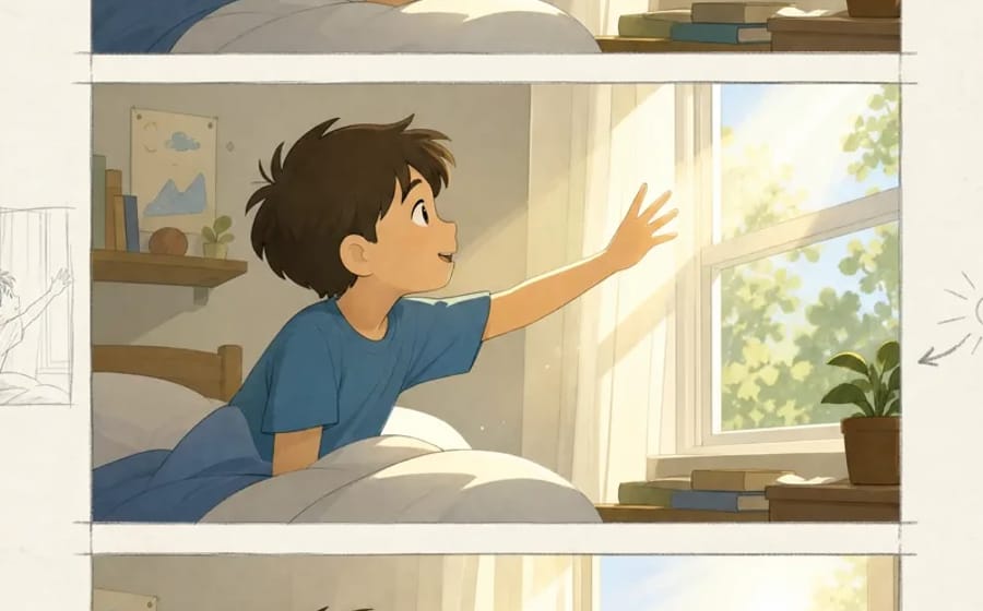 Three stacked manga-style panels of a boy in a blue shirt waking up, reaching toward a sunlit window