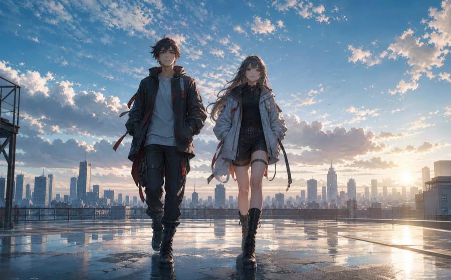 Two anime characters walking side by side across a wet rooftop toward the camera, with a city skyline and a bright sky behind them