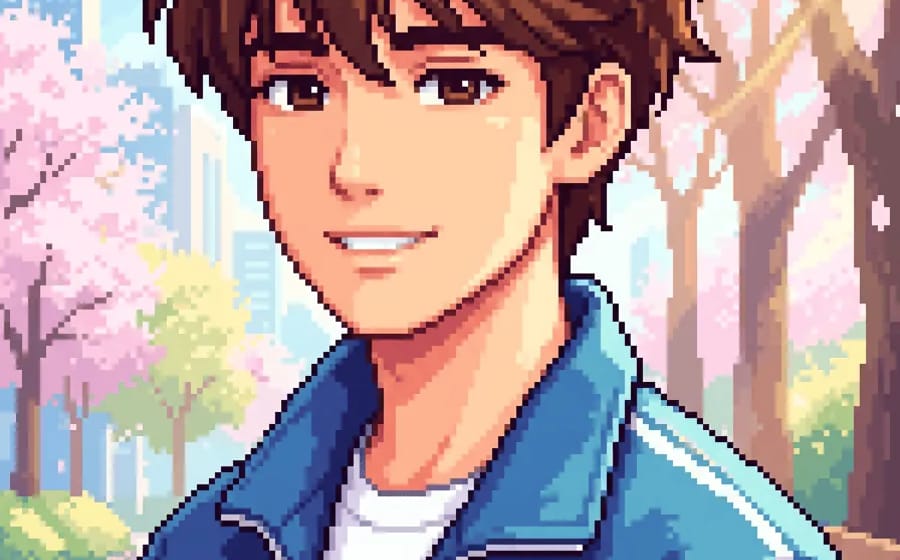 Style Picker preview of the Raster Pixel Art preset: a pixel-art anime boy in a blue track jacket under cherry blossoms