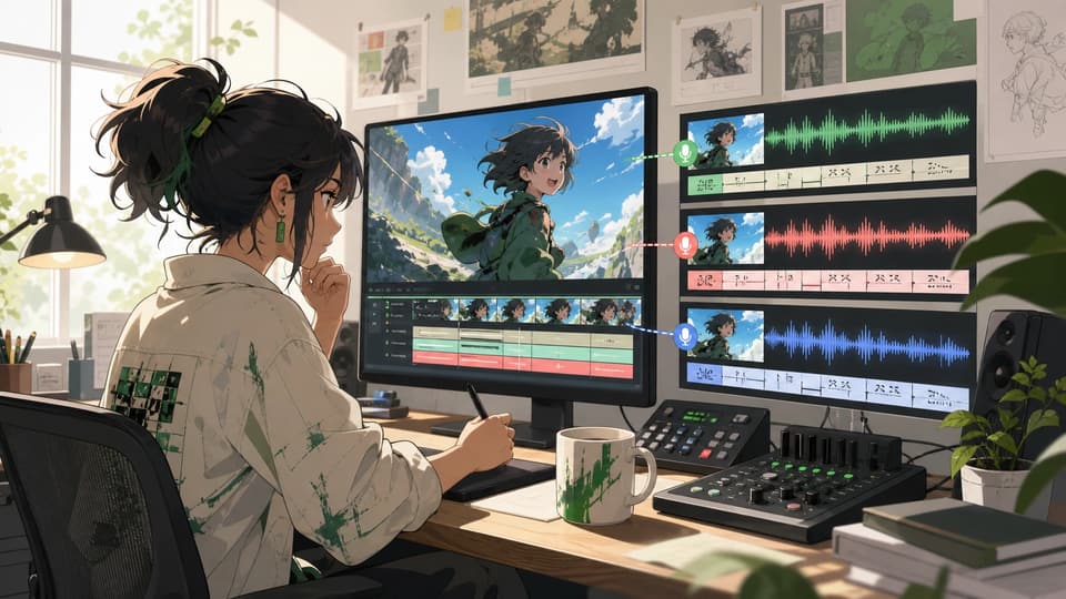 Anime creator reviewing three localized voice tracks for the same short video