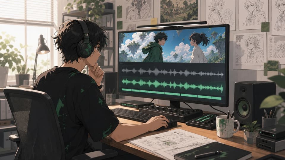 Anime audio editor comparing a temporary grey waveform with a finished green dialogue track