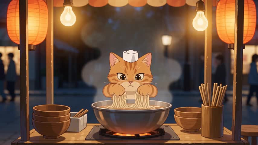 KI-Anime-Video einer orangefarbenen Tigerkatze als Ramen-Koch