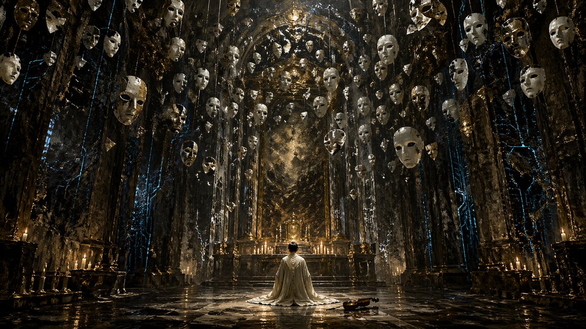 Surreal Gothic Hall with Floating Masks - GPT Image 2 prompt example
