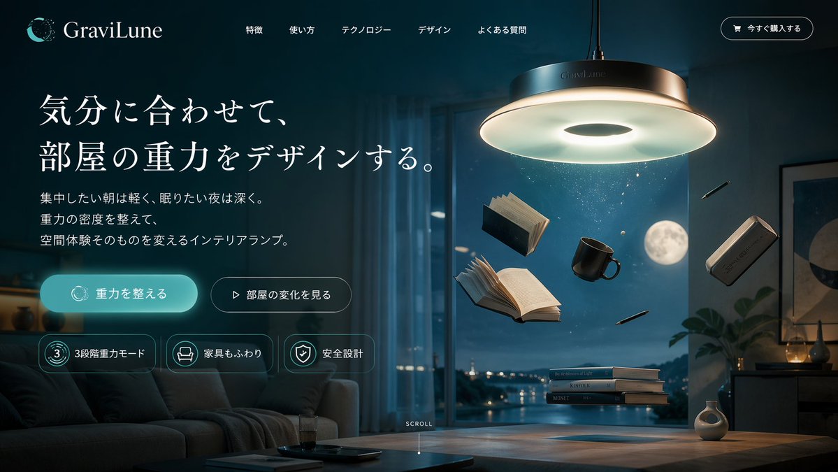 Anti-Gravity Lamp Landing Page Mockup - GPT Image 2 prompt example