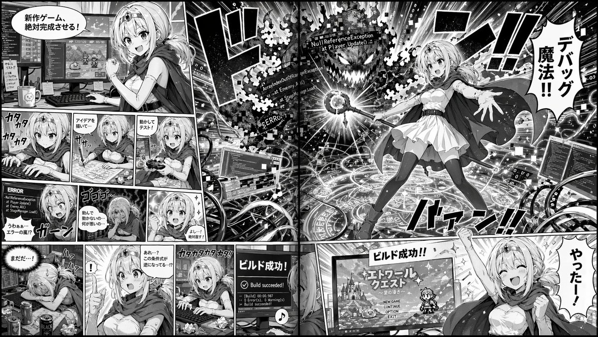 Manga Spread: Fantasy Game Developer - GPT Image 2 prompt example