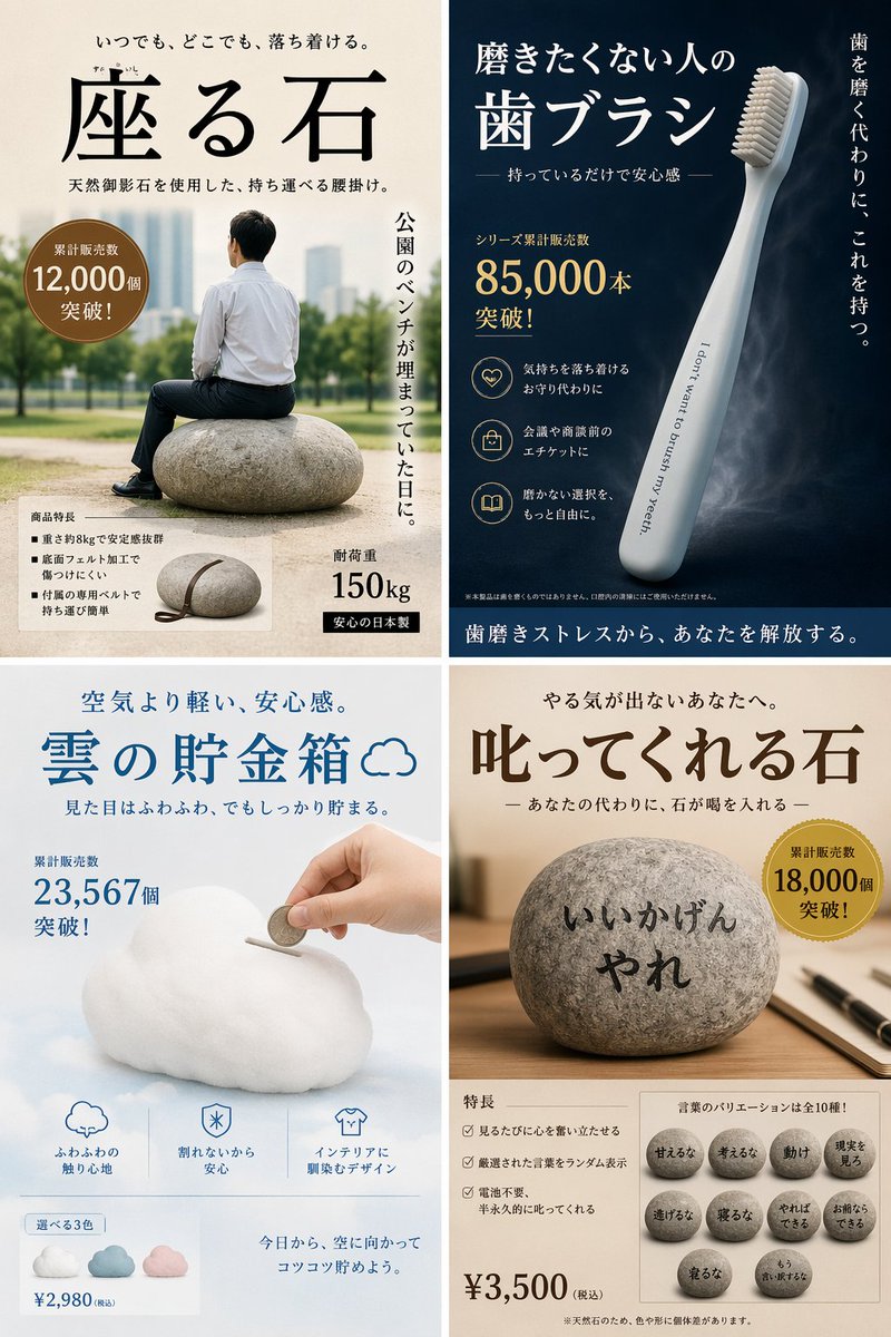 Satirical 4-Panel Product Ads - GPT Image 2 prompt example