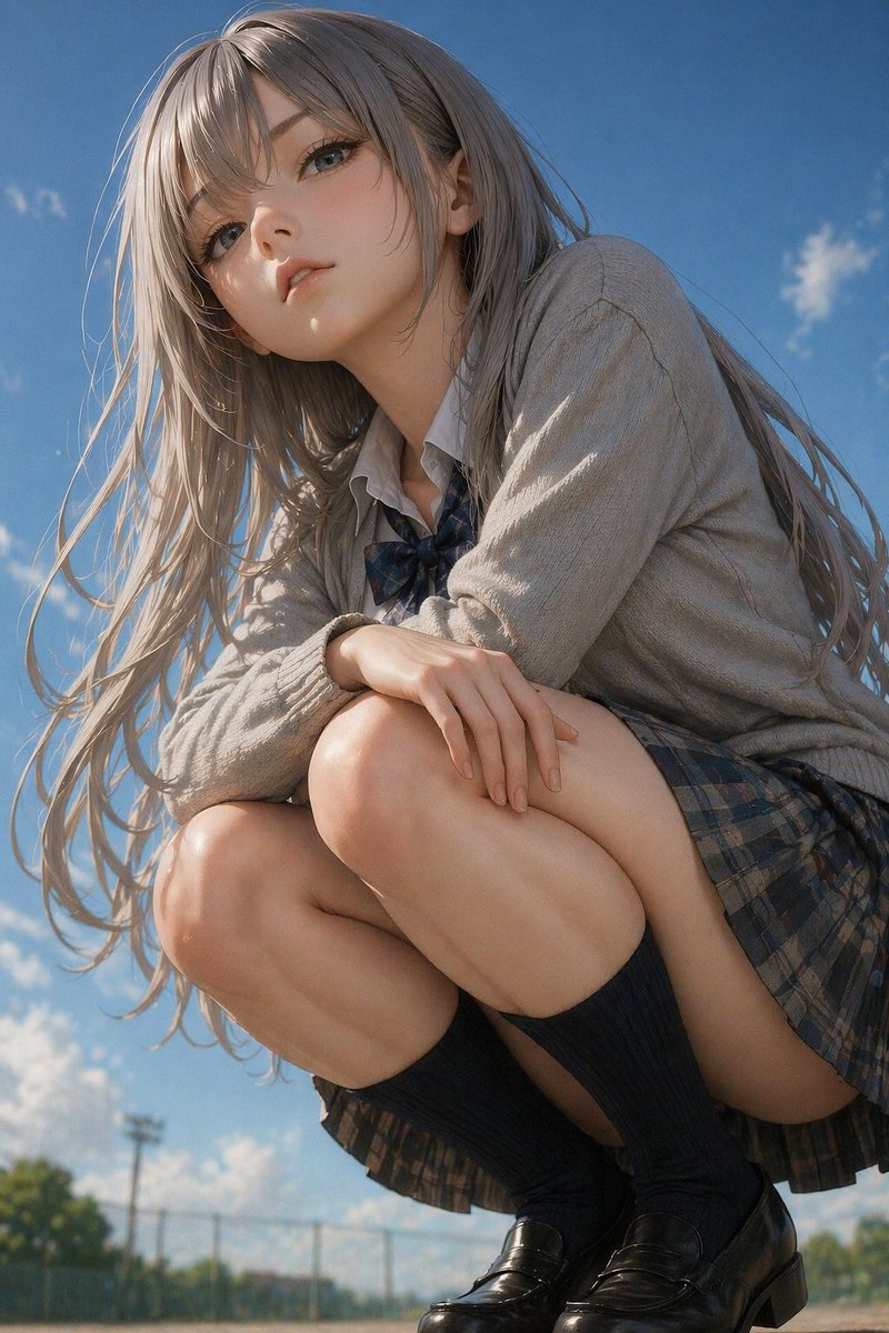 Photorealistic Anime Schoolgirl Crouching Portrait - GPT Image 2 prompt example