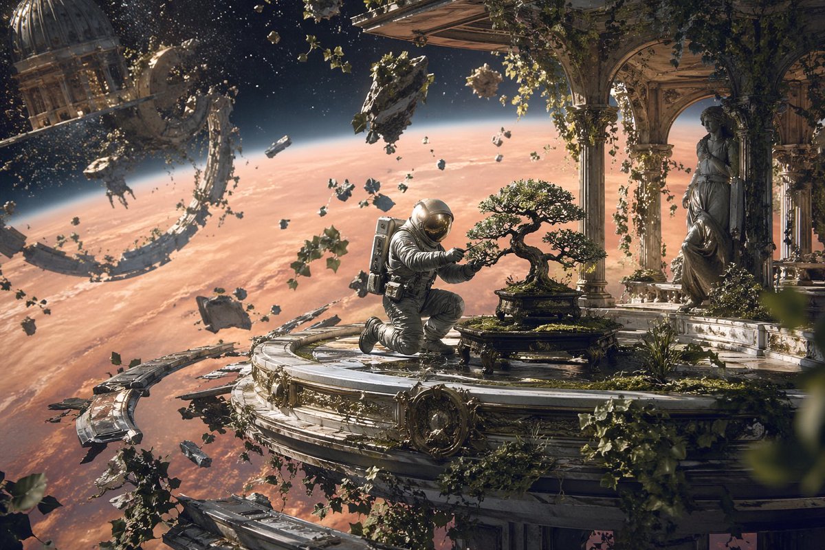 Astronaut Tending Bonsai in Space Ruins - GPT Image 2 prompt example