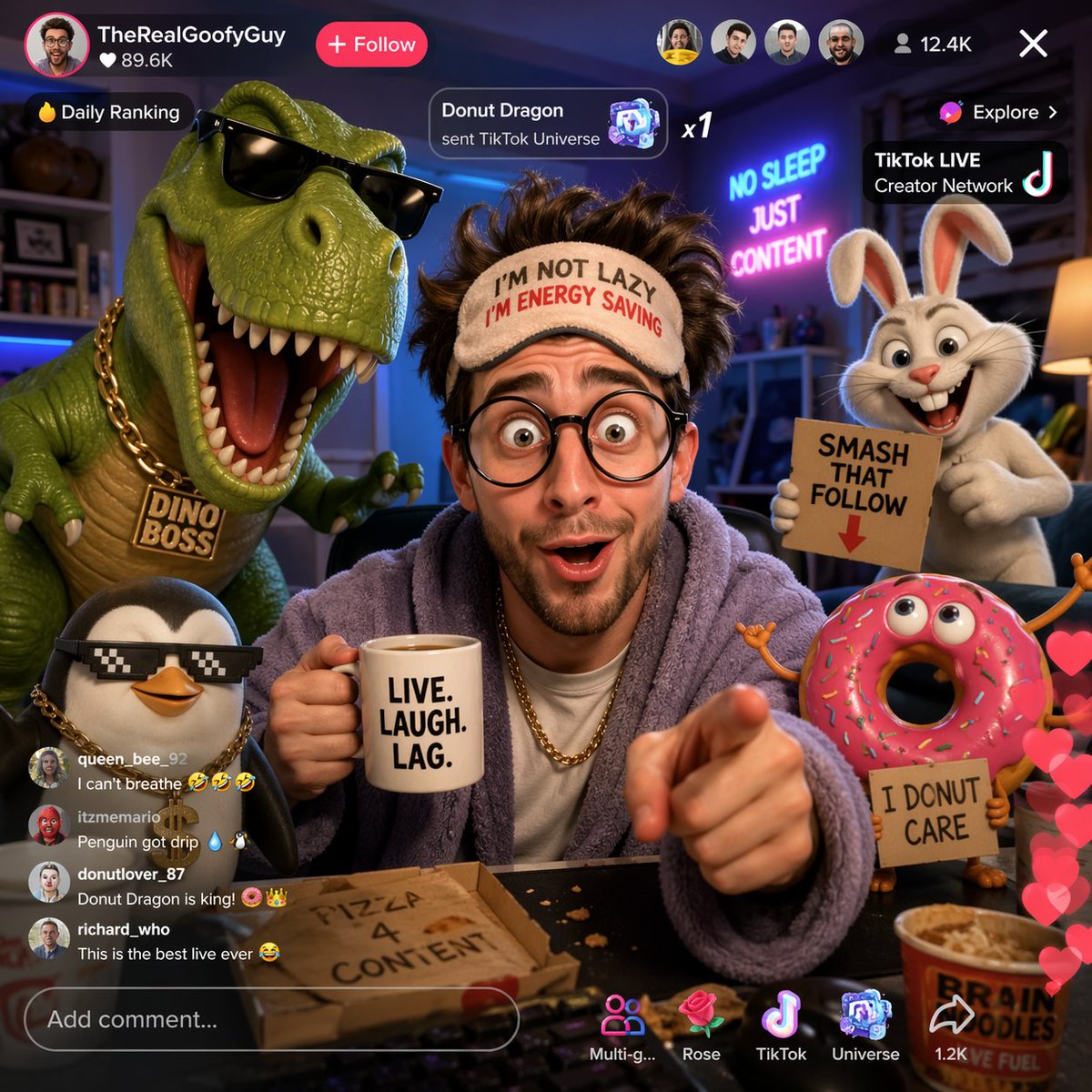 Funny TikTok livestream with cartoon characters - GPT Image 2 prompt example