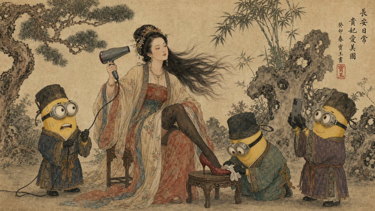 Tang Dynasty Queen & Minions Gongbi Painting - esempio di prompt GPT Image 2