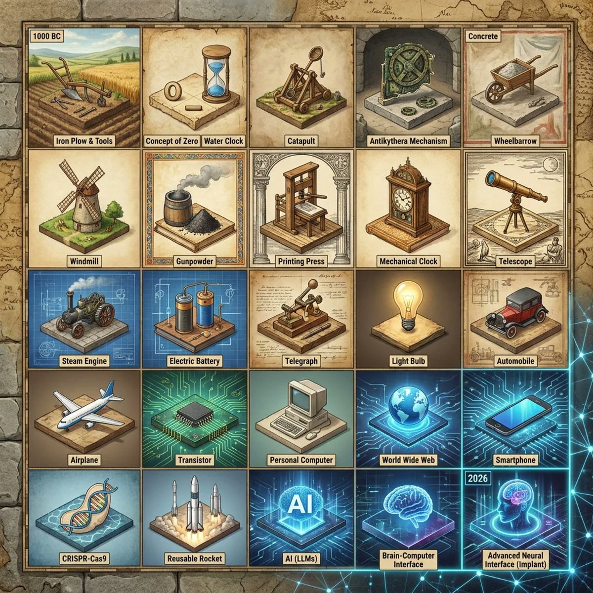 Historical Invention Timeline Grid - GPT Image 2 프롬프트 예시 이미지