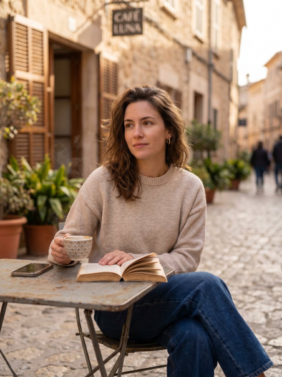 Woman Reading at European Street Café - esempio di prompt GPT Image 2