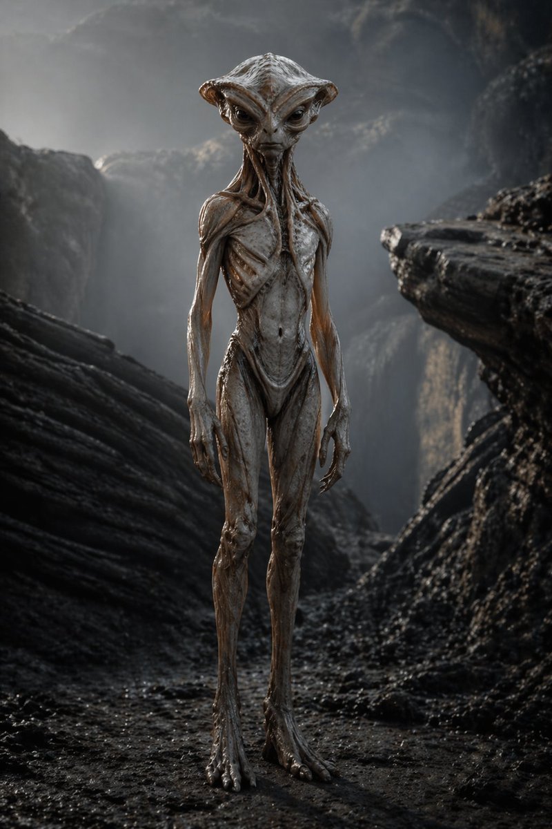 Photoreal Alien in Dark Ravine - GPT Image 2 prompt example
