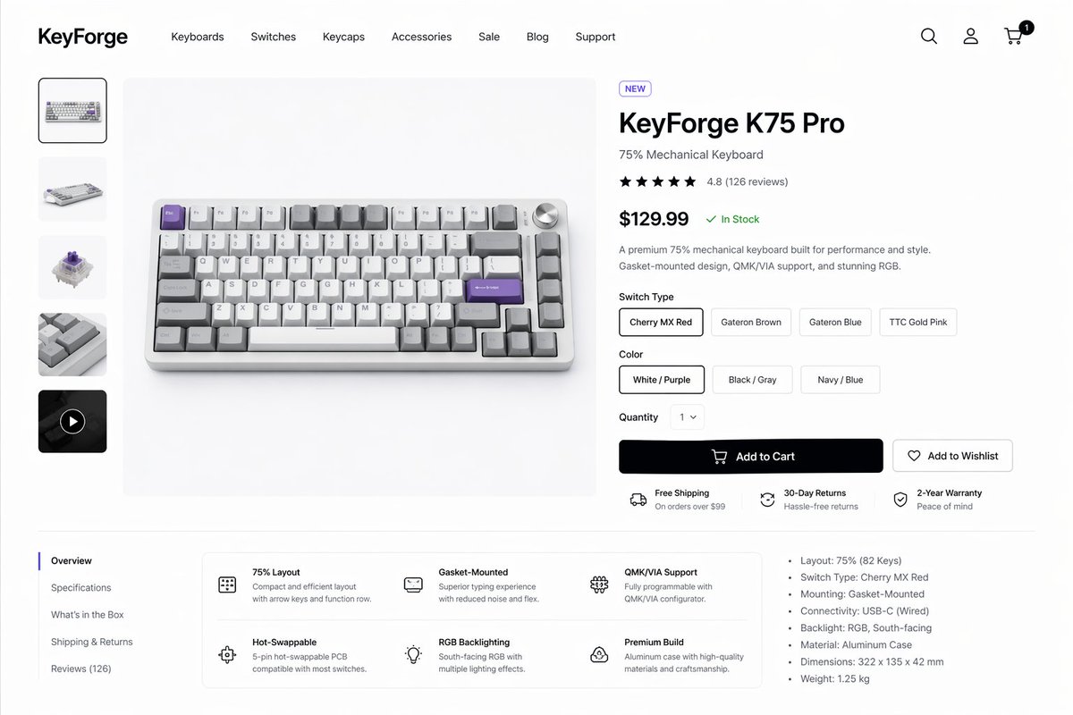 Mechanical Keyboard Product Page Mockup - GPT Image 2 prompt example