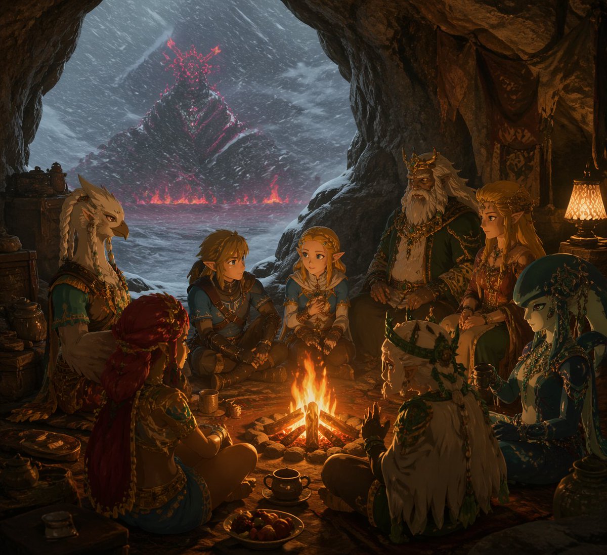 Fantasy Campfire Before a Crimson Mountain - GPT Image 2 prompt example