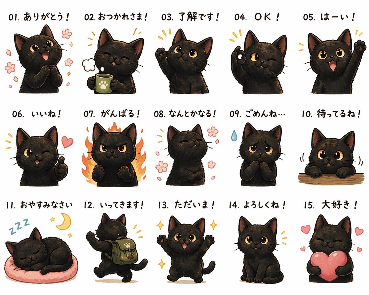 Cute Black Cat Japanese Sticker Sheet - GPT Image 2 prompt example