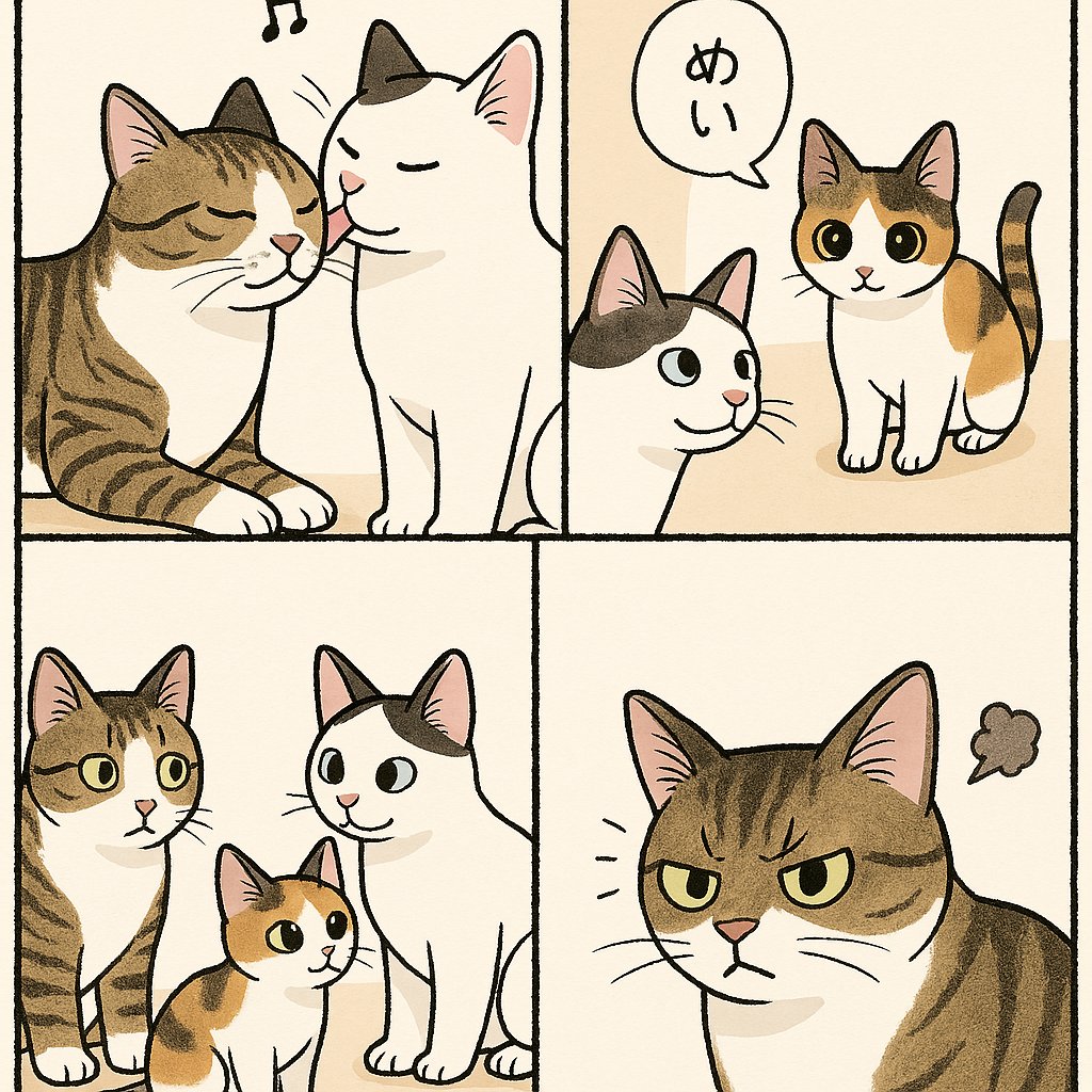 Cute Four-Panel Cat Jealousy Comic - GPT Image 2 prompt example