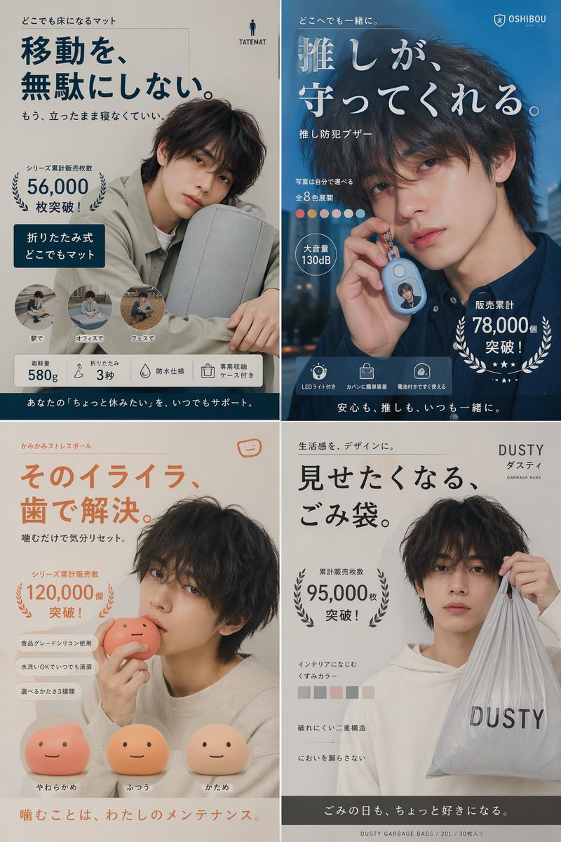 Japanese Ikemen Product Ad Grid - esempio di prompt GPT Image 2