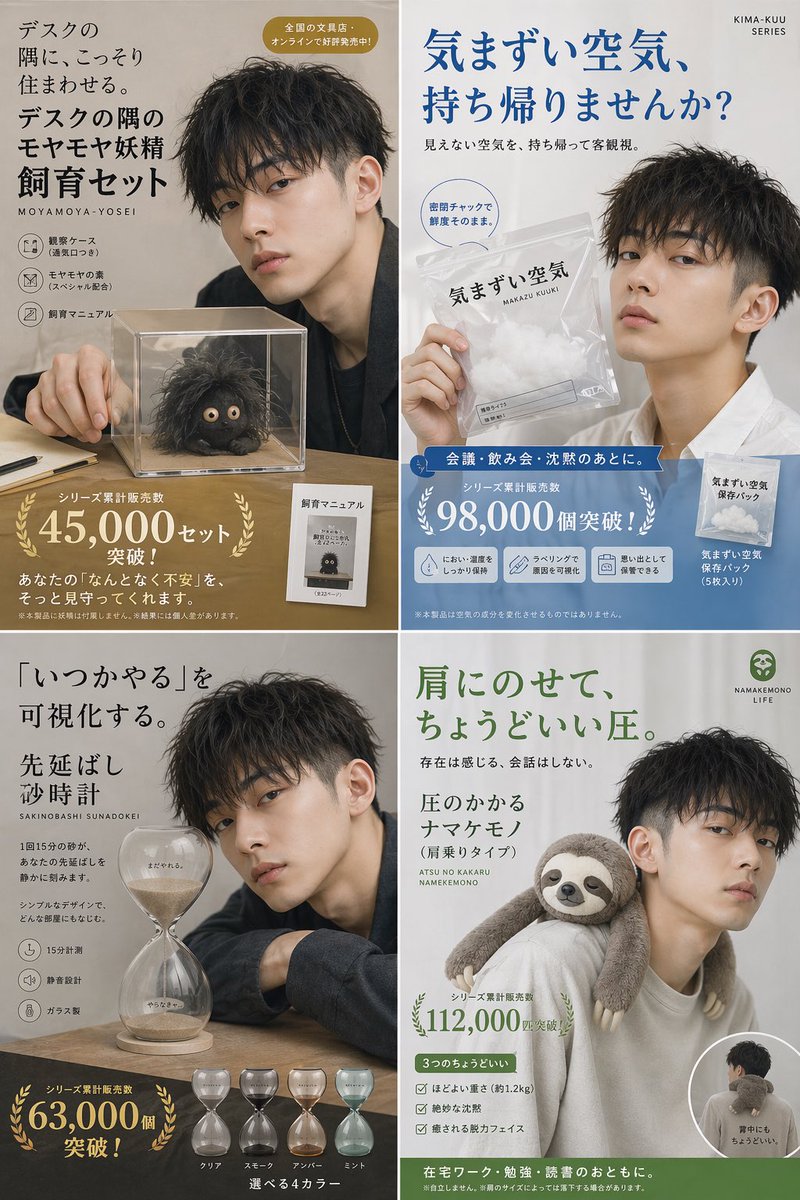 Japanese Absurd Lifestyle Ad Grid - esempio di prompt GPT Image 2