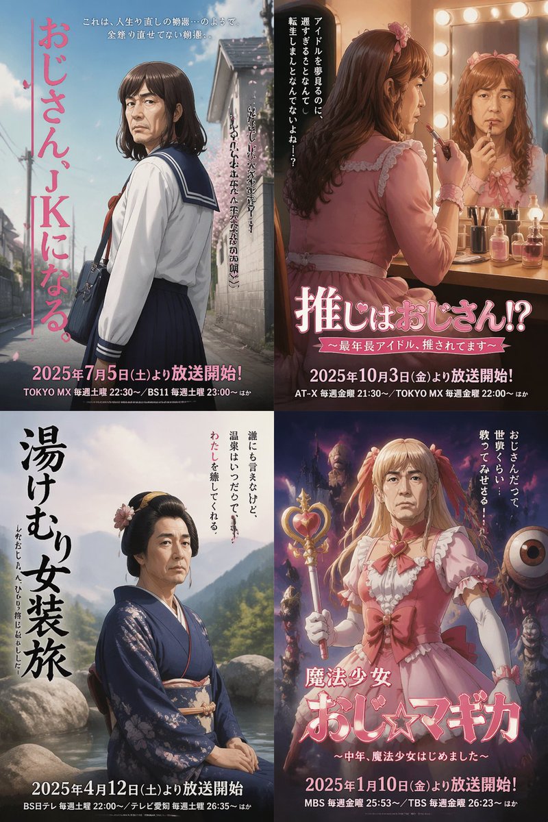 Four Japanese Ojisan Parody Posters - GPT Image 2 프롬프트 예시 이미지