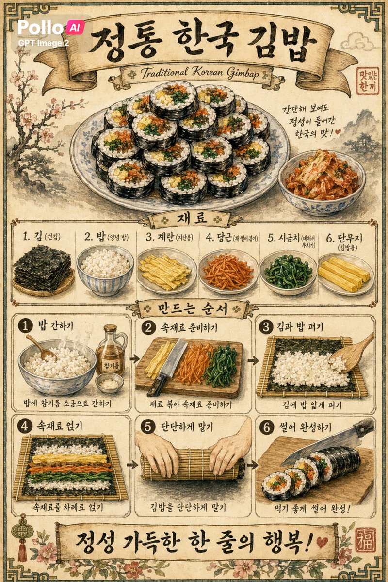 Vintage Korean Gimbap Recipe Poster - GPT Image 2 prompt example
