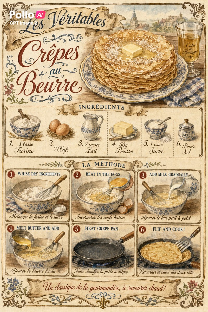 Vintage French Crepe Recipe Poster - GPT Image 2 prompt example