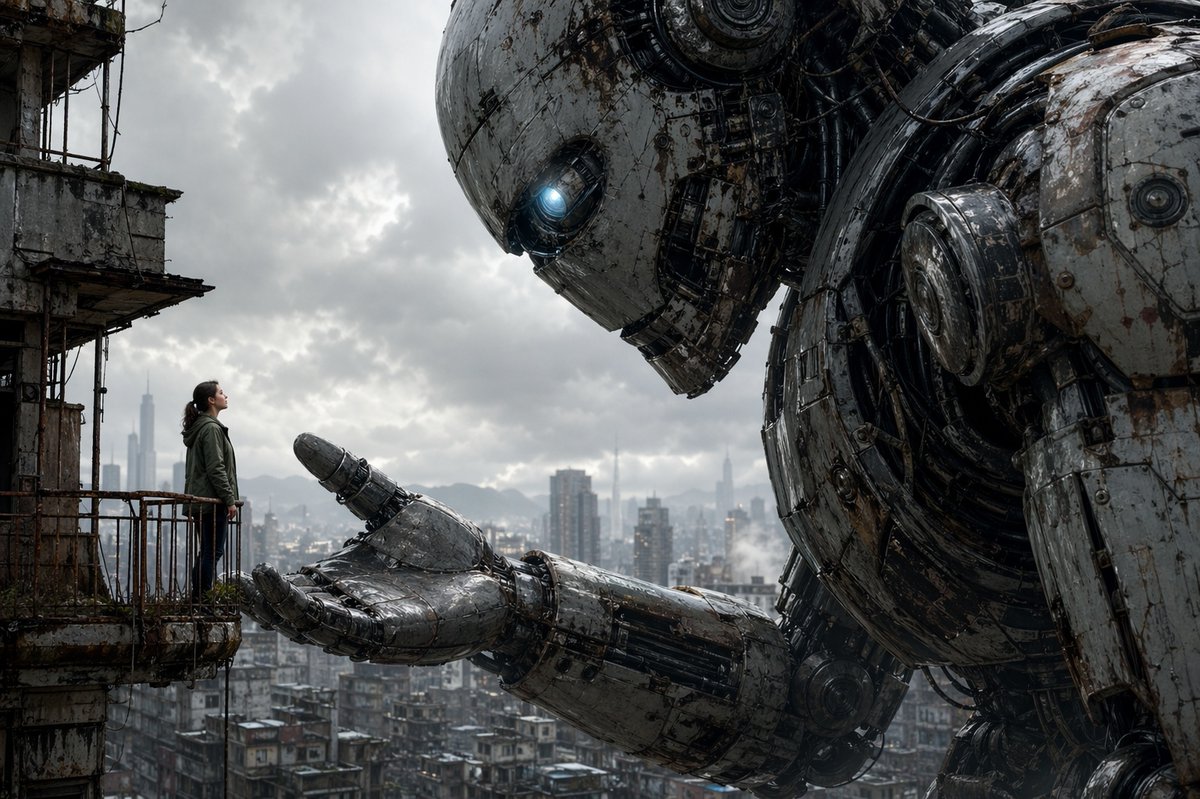 Giant Robot Meets Woman on Balcony - GPT Image 2 Prompt-Beispiel