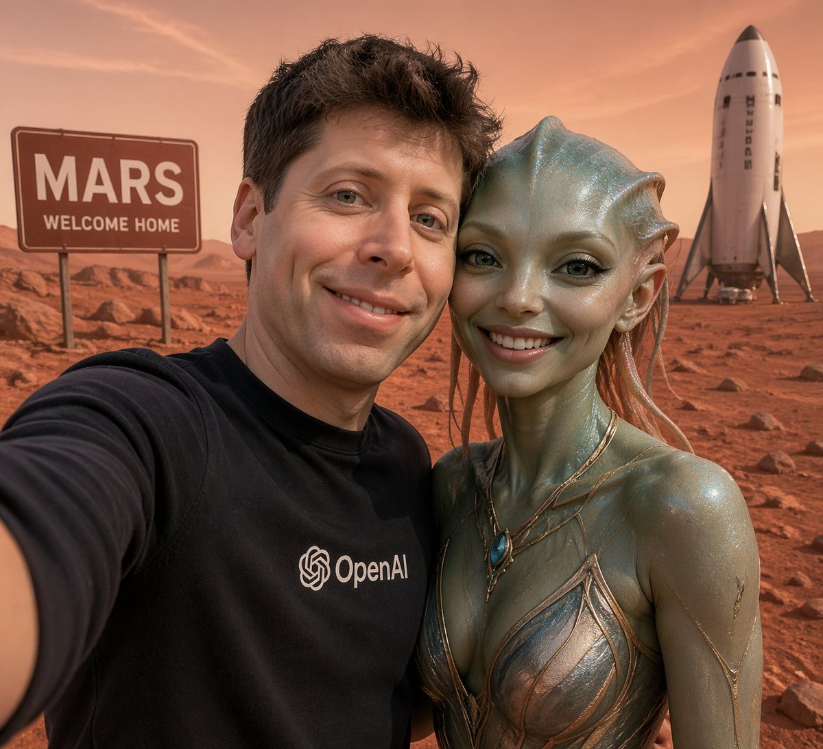 Mars Selfie With Alien and Rocket - GPT Image 2 prompt example