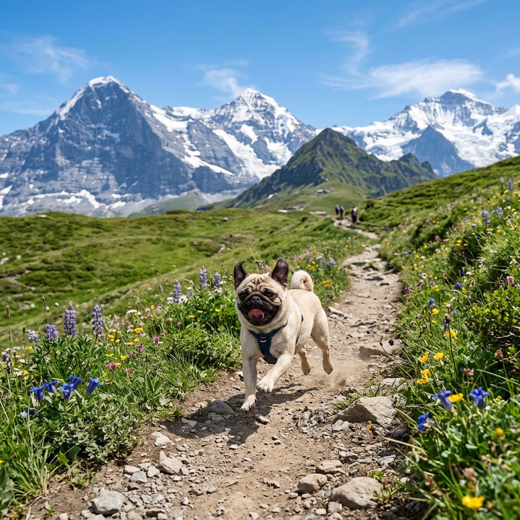 Pug Running on Alpine Trail - GPT Image 2 prompt example