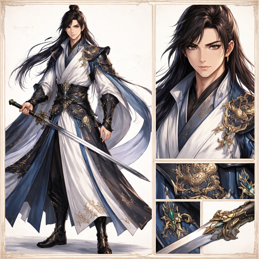 Elegant Wuxia Swordsman Design Sheet - GPT Image 2 prompt example