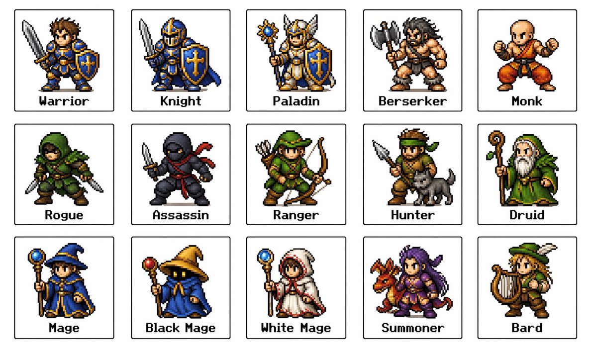 Retro Fantasy Class Sprite Grid - esempio di prompt GPT Image 2