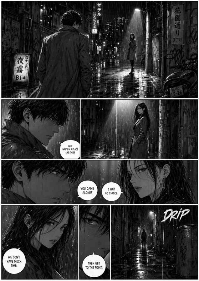 Rainy Noir Manga Alley Page - GPT Image 2 prompt example