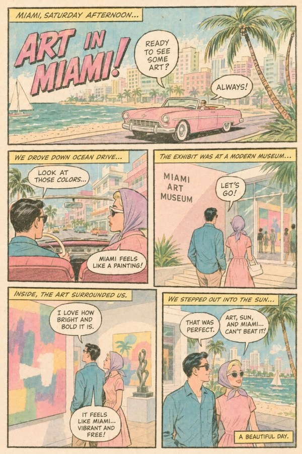 Vintage Miami Art Date Comic Page - GPT Image 2 prompt example