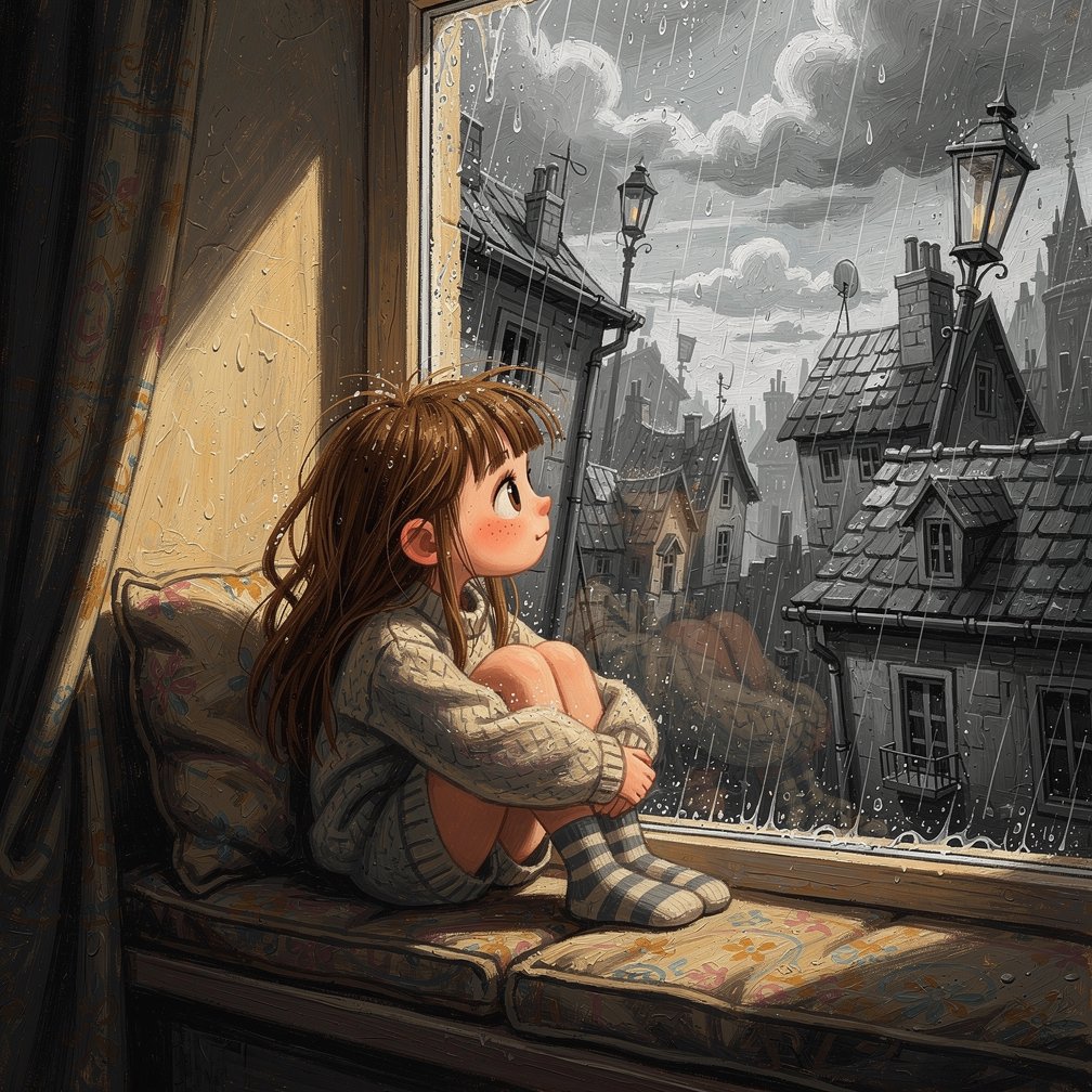 Girl on Window Seat in Rain - GPT Image 2 prompt example