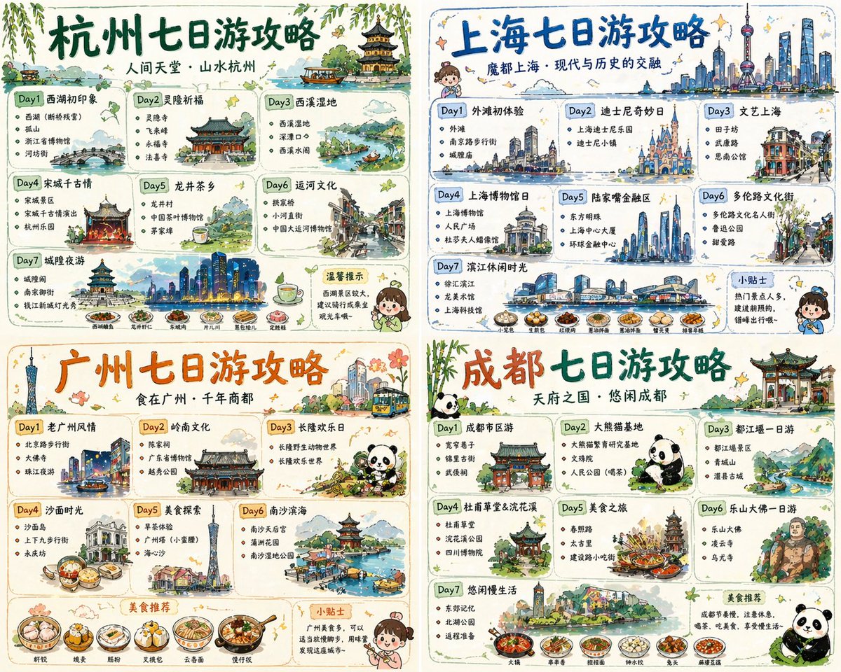 Four-City Chinese Travel Guide Poster Set - GPT Image 2 prompt example