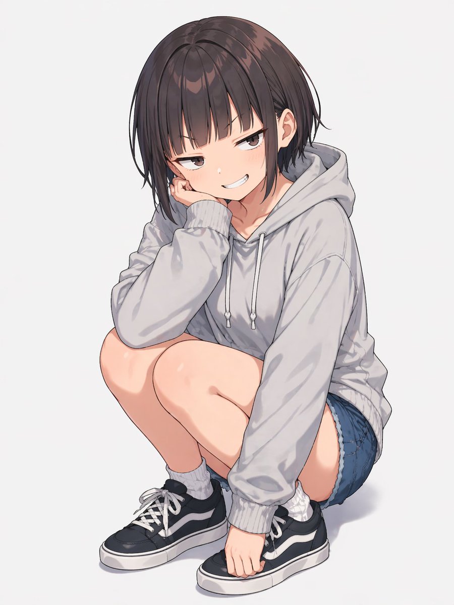 Anime Girl Squatting in Oversized Hoodie - GPT Image 2 Prompt-Beispiel