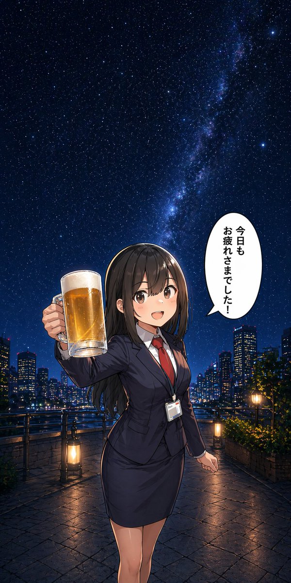 Anime Office Lady Beer Toast at Night - GPT Image 2 prompt example