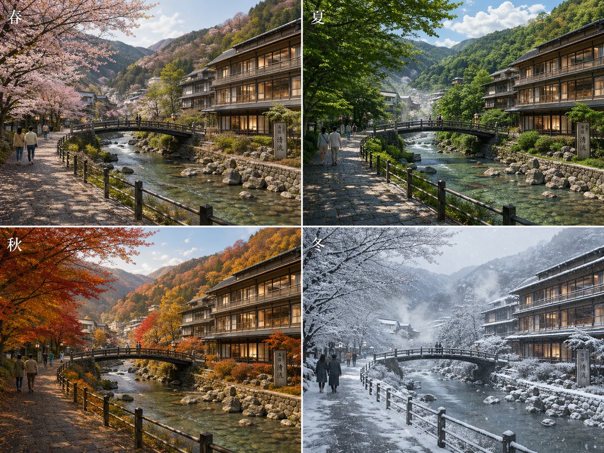 Japanese Onsen Town in Four Seasons - GPT Image 2 prompt example