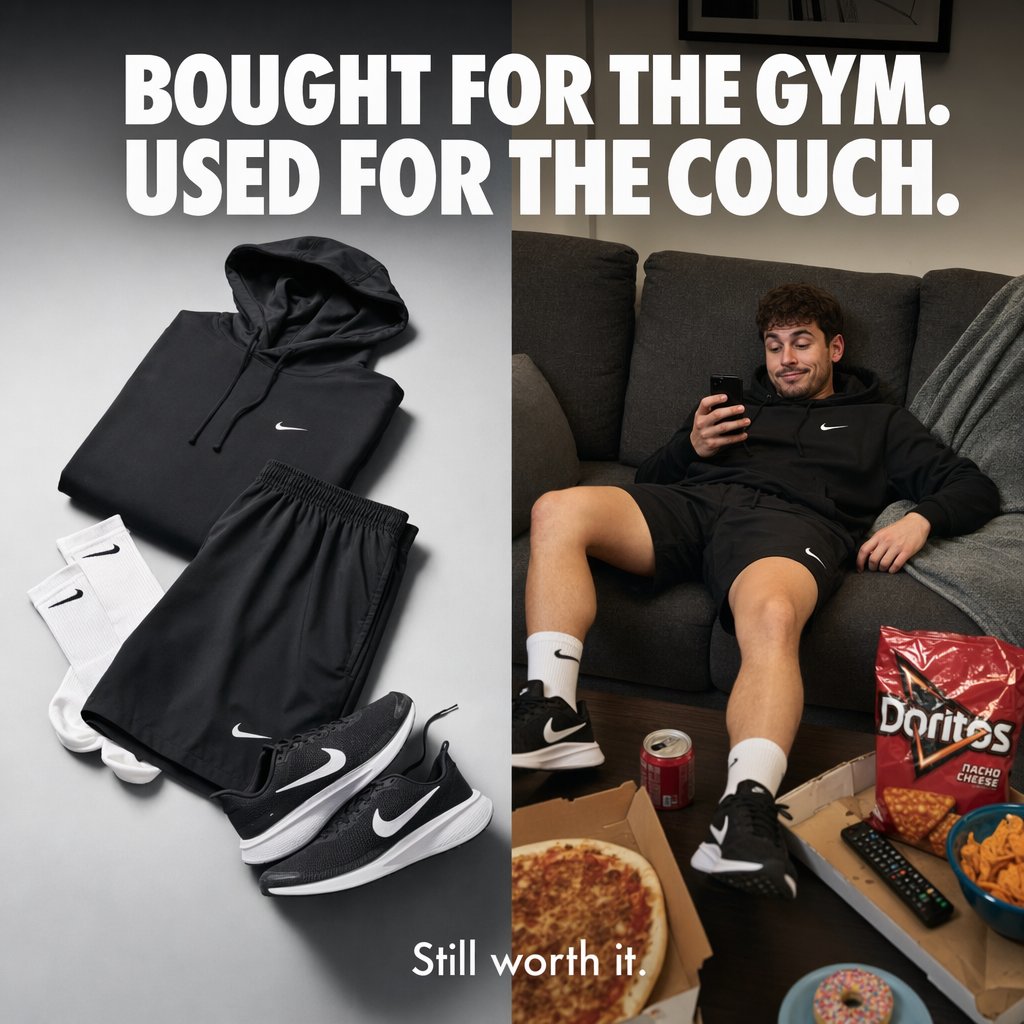 Split-Screen Athleisure Couch Ad - GPT Image 2 prompt example