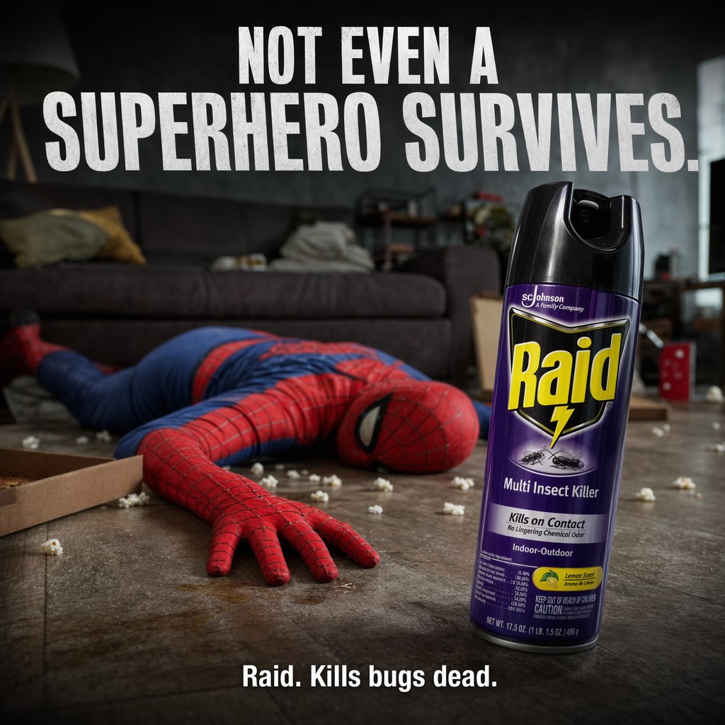 Dark Comedy Insect Spray Ad - GPT Image 2 prompt example