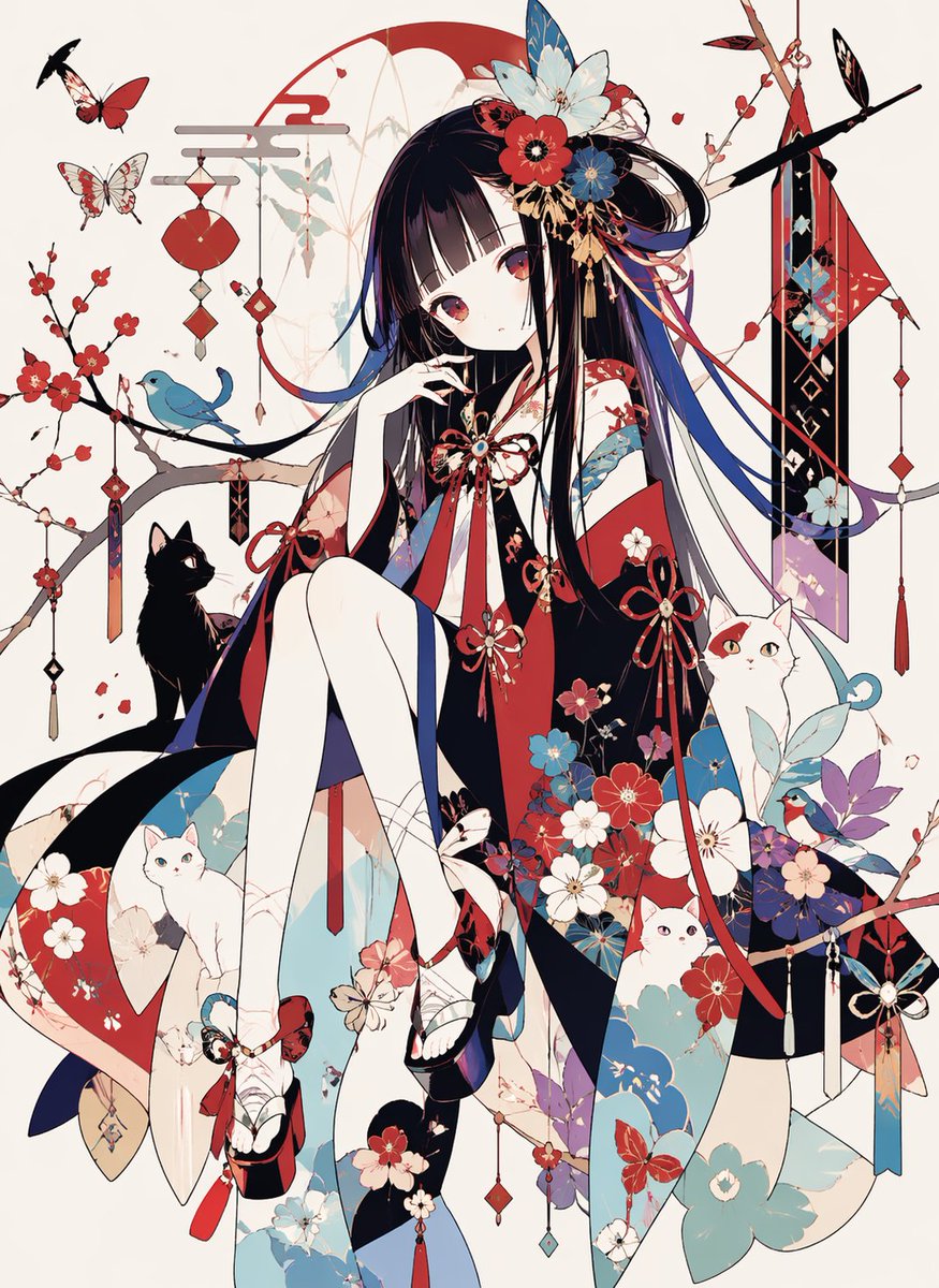 Ornamental Kimono Girl with Cats - GPT Image 2 prompt example