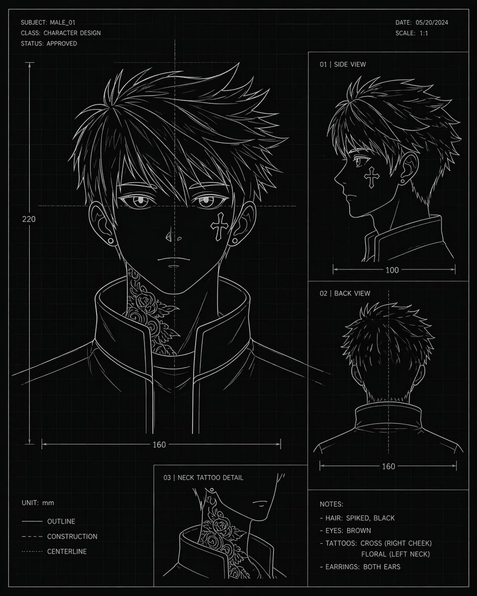 Anime Character Blueprint Sheet - GPT Image 2 prompt example