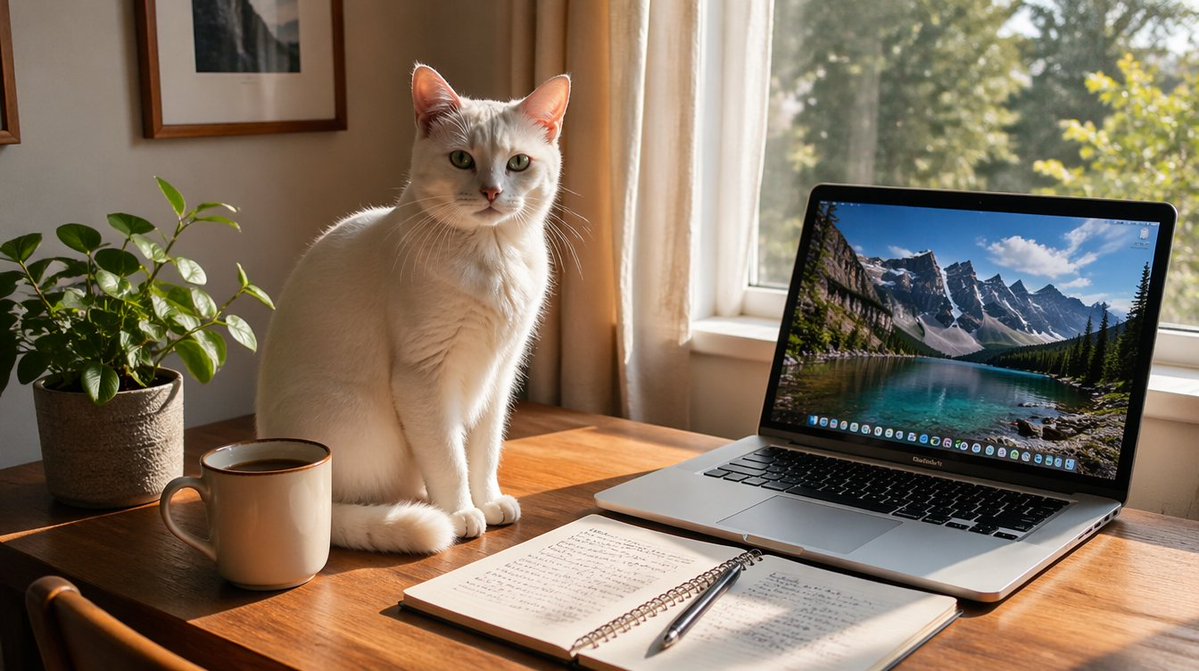 Sunlit Desk with White Cat and Laptop - GPT Image 2 prompt example