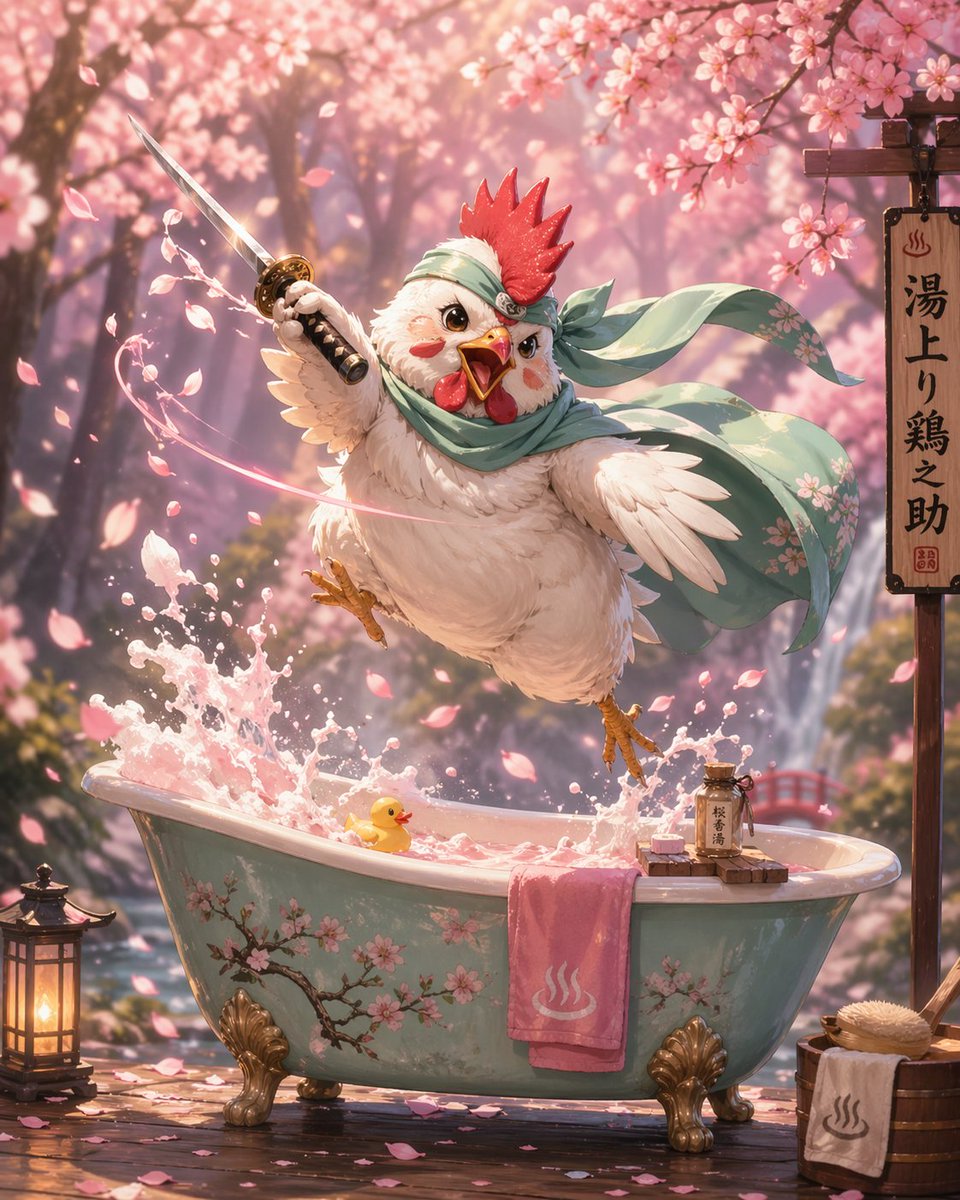 Samurai Chicken Bathtime Portrait - GPT Image 2 prompt example