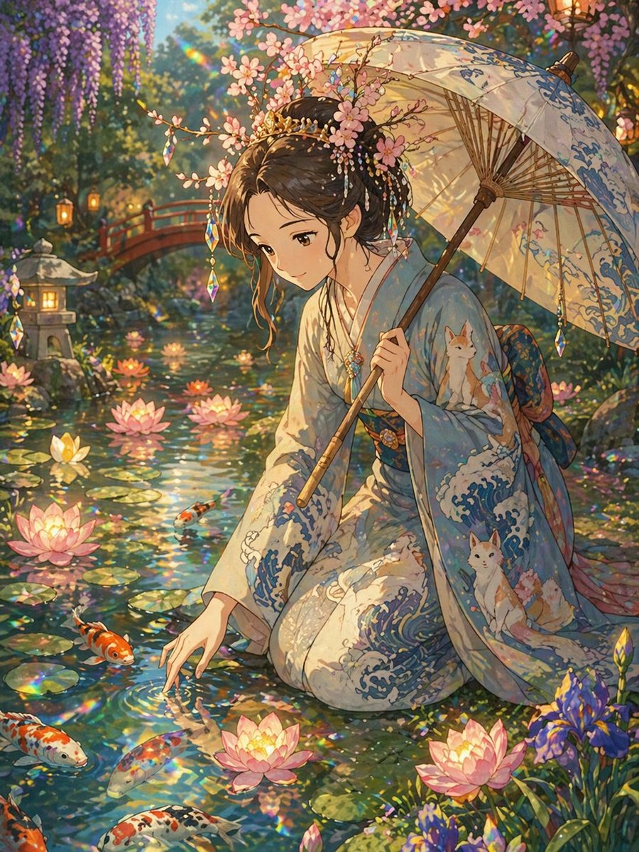 Ghibli Style Princess and Koi Pond - GPT Image 2 prompt example