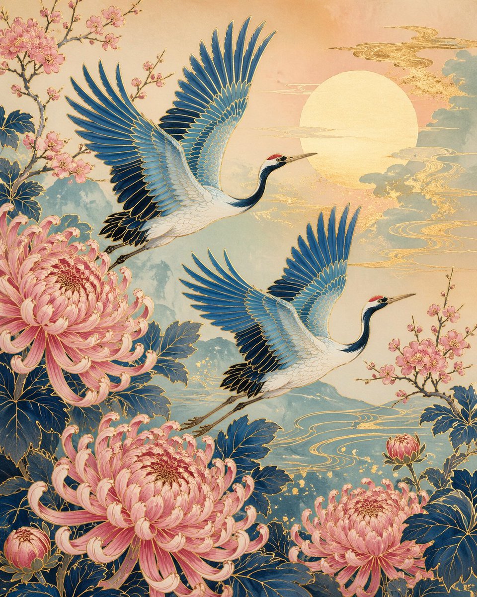 Japanese Crane and Chrysanthemum Art - GPT Image 2 prompt example