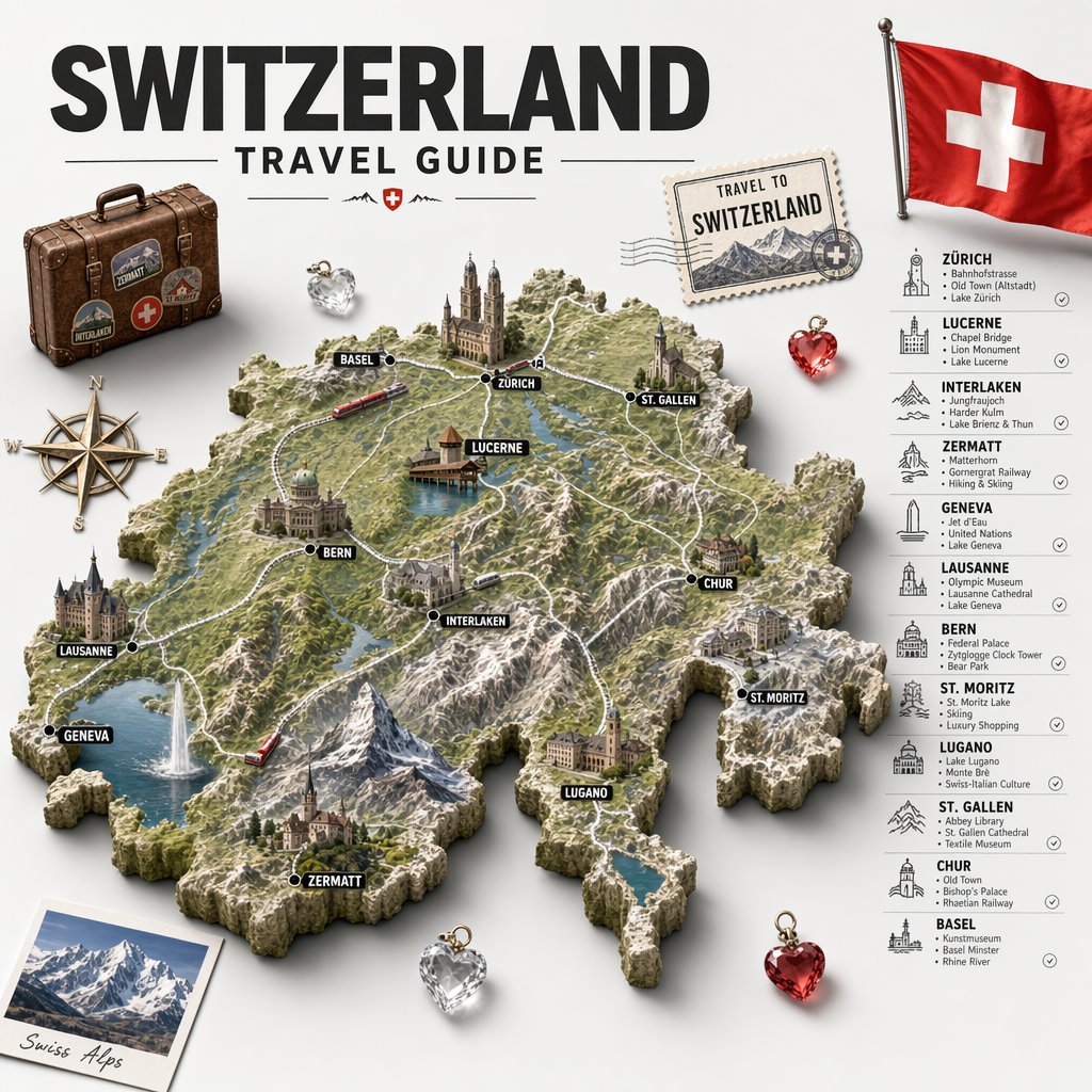 Swiss Travel Guide Relief Map Poster - GPT Image 2 Prompt-Beispiel