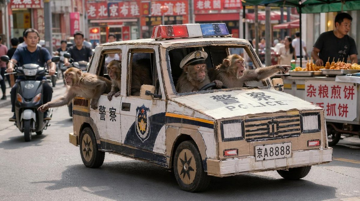 Monkey Patrol in Cardboard Police Car - GPT Image 2 prompt example